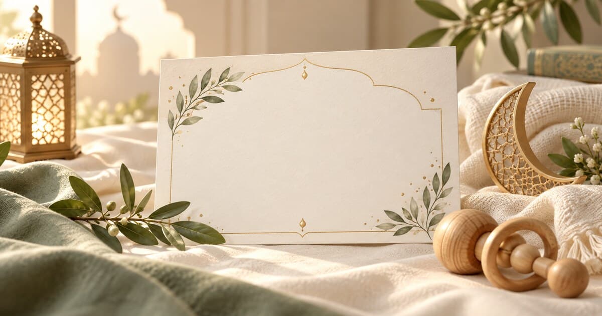 Kartu undangan aqiqah bernuansa ivory, sage, dan emas dengan ornamen bulan sabit serta mainan bayi.