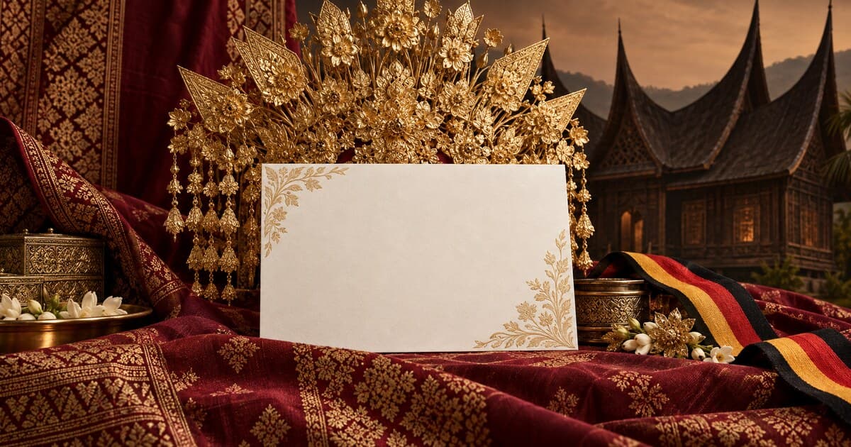 Kartu undangan pernikahan bernuansa Minangkabau dengan suntiang emas, songket marun, marawa, dan Rumah Gadang.
