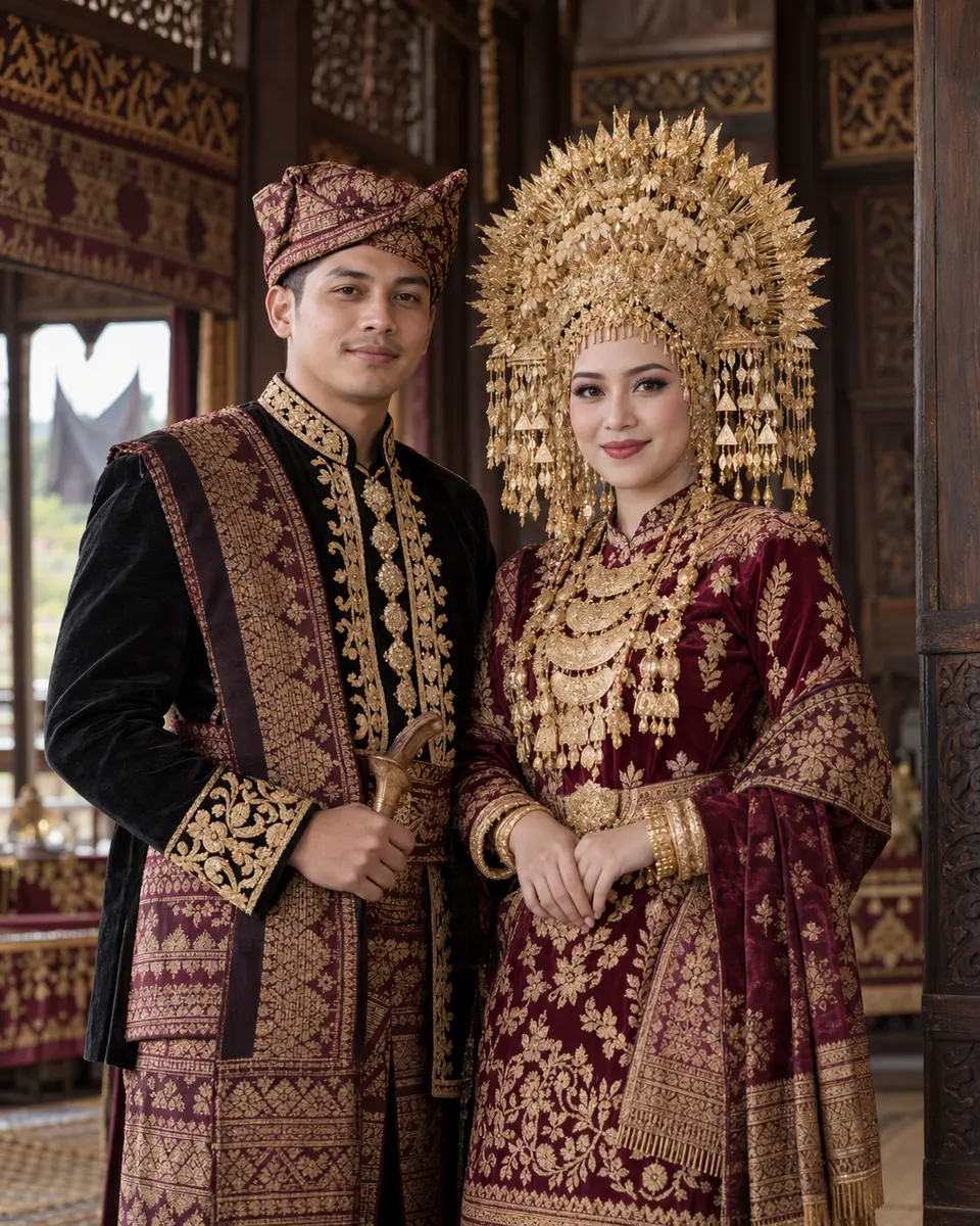 Contoh pasangan pengantin dalam busana adat Minangkabau