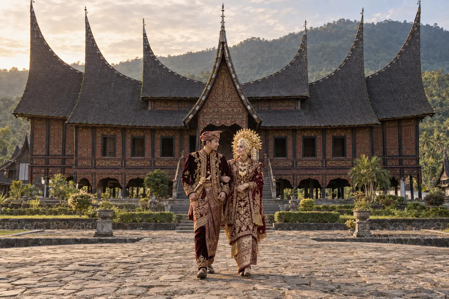 Contoh pasangan di halaman Rumah Gadang