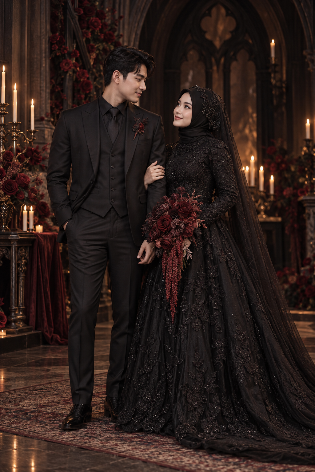 Pasangan gothic saling menatap di antara cahaya lilin