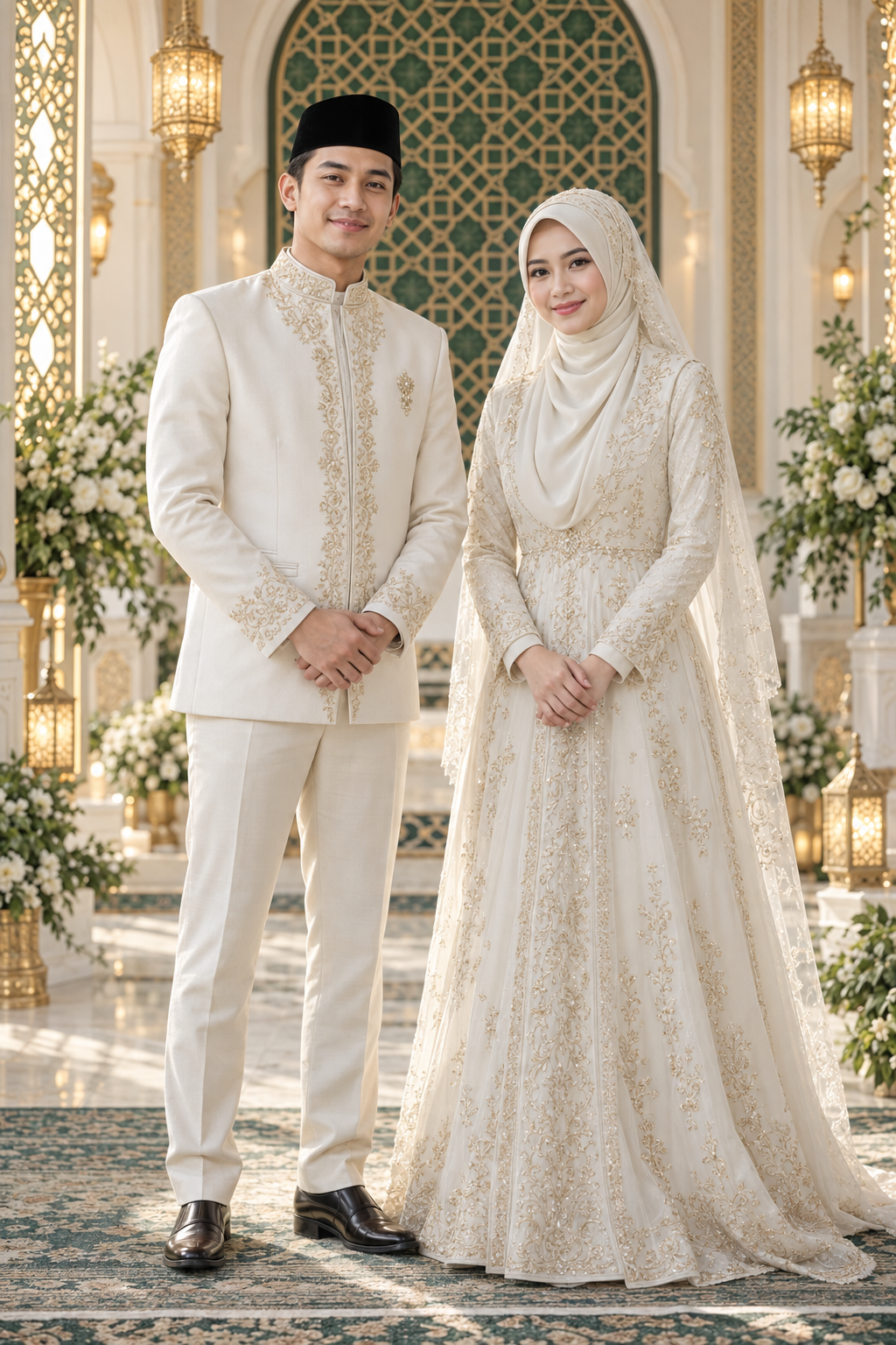 Pasangan pengantin dengan busana Muslim ivory